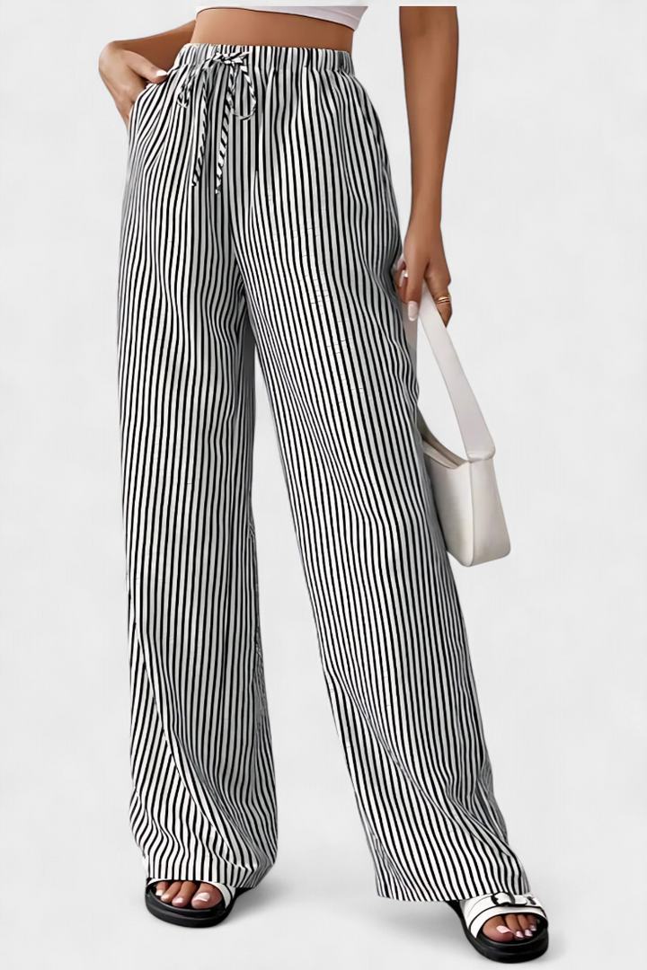 Pantalon droit léger rayé à taille ajustable - Sabrina