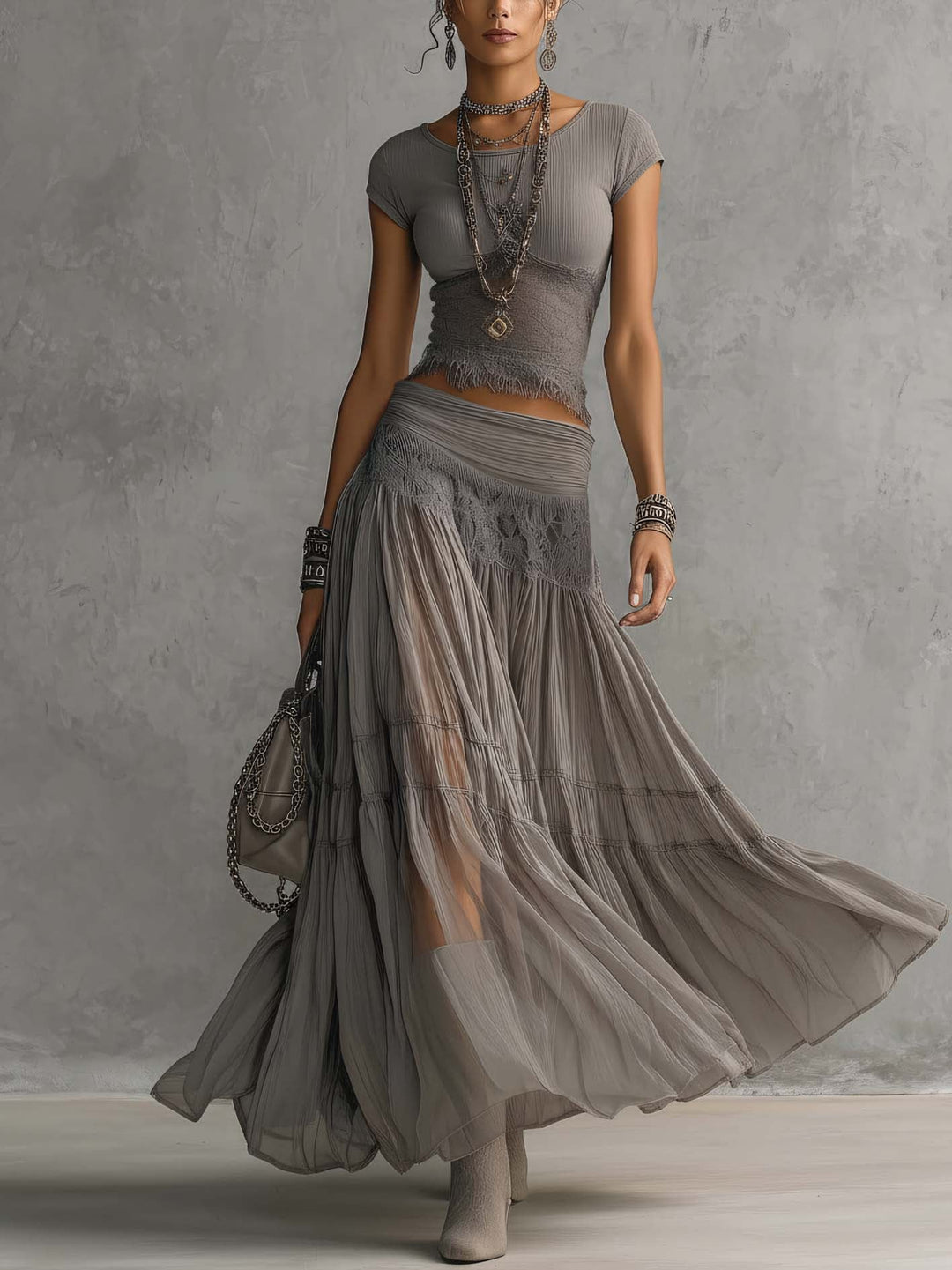 Elena | Ensemble Top Frangé & Jupe Maxi Plissée Dentelle Bohème