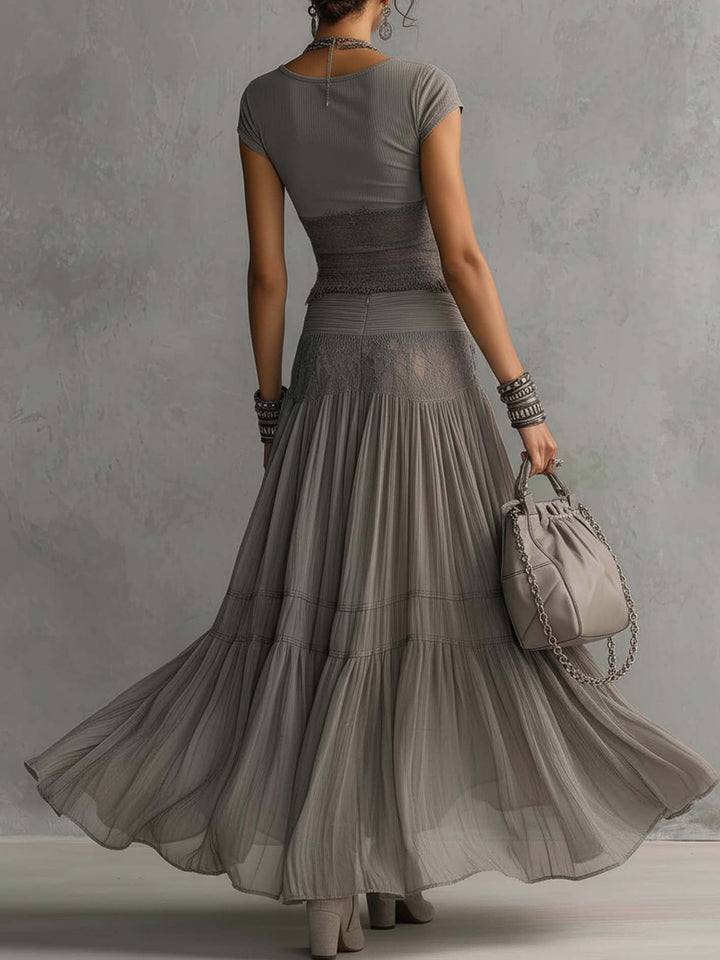 Elena | Ensemble Top Frangé & Jupe Maxi Plissée Dentelle Bohème