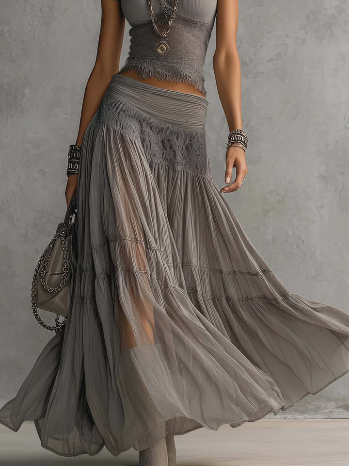 Elena | Ensemble Top Frangé & Jupe Maxi Plissée Dentelle Bohème