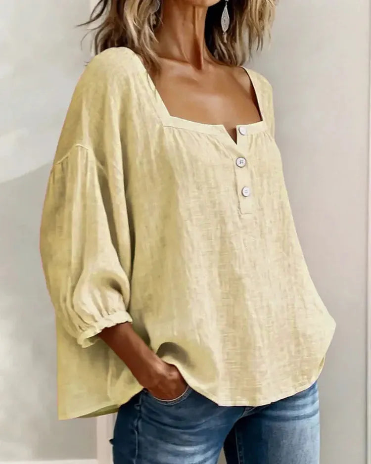Colette | Blouse Lin Col Carré & Manches Bouffantes