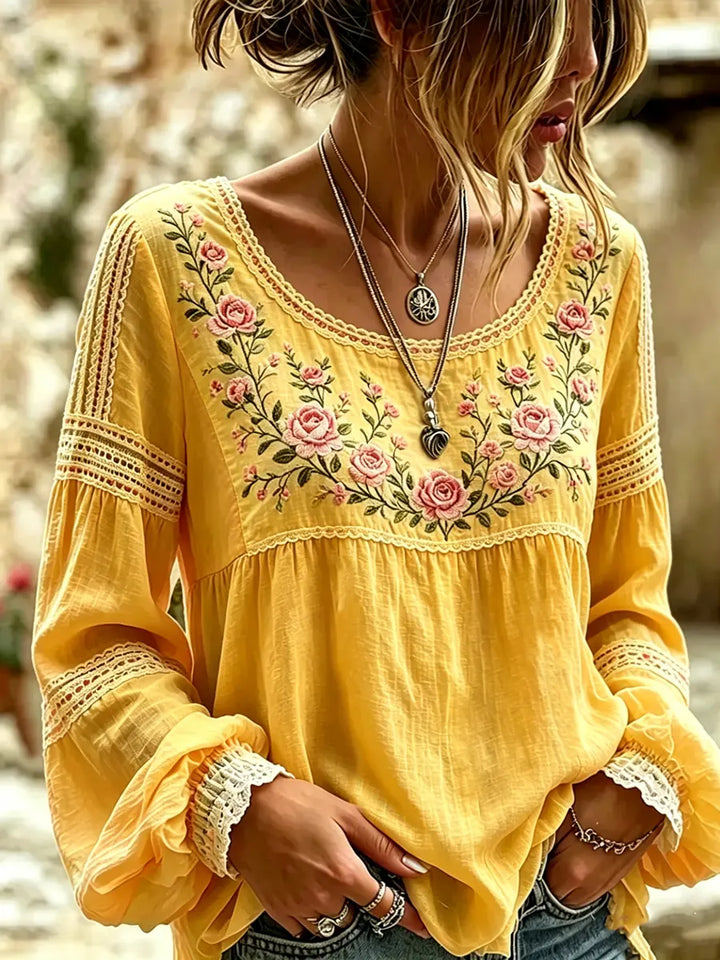 Mireille | Blouse Lin Broderie Roses Col Carré & Insertions Dentelle