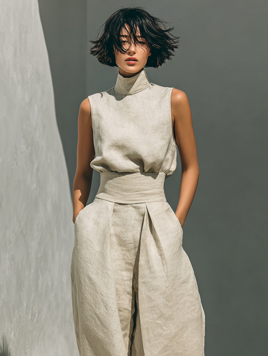Selene | Ensemble Minimaliste en Coton et Lin avec Pantalon Large