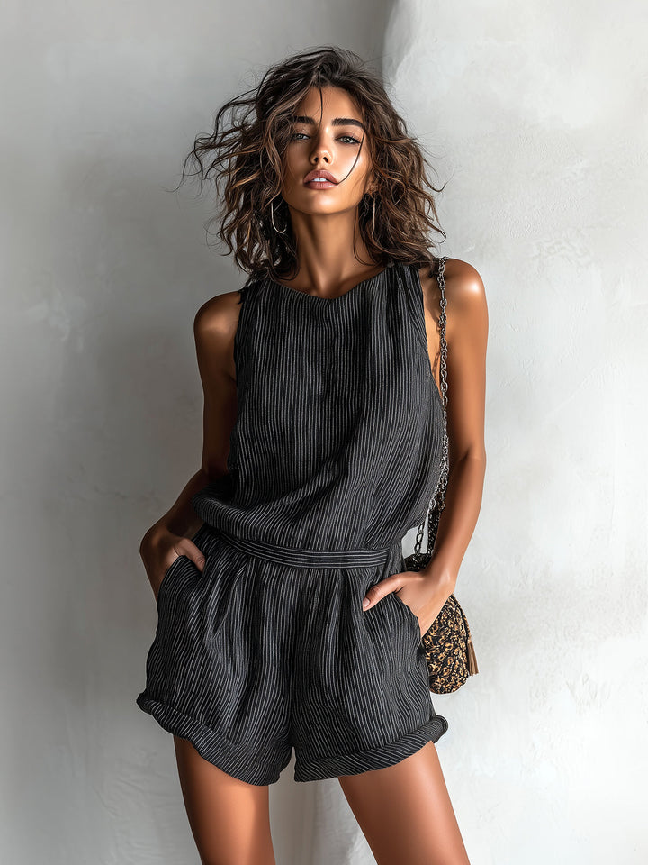 Ora | Ensemble Rayé Top Sans Manches & Short Taille Élastique