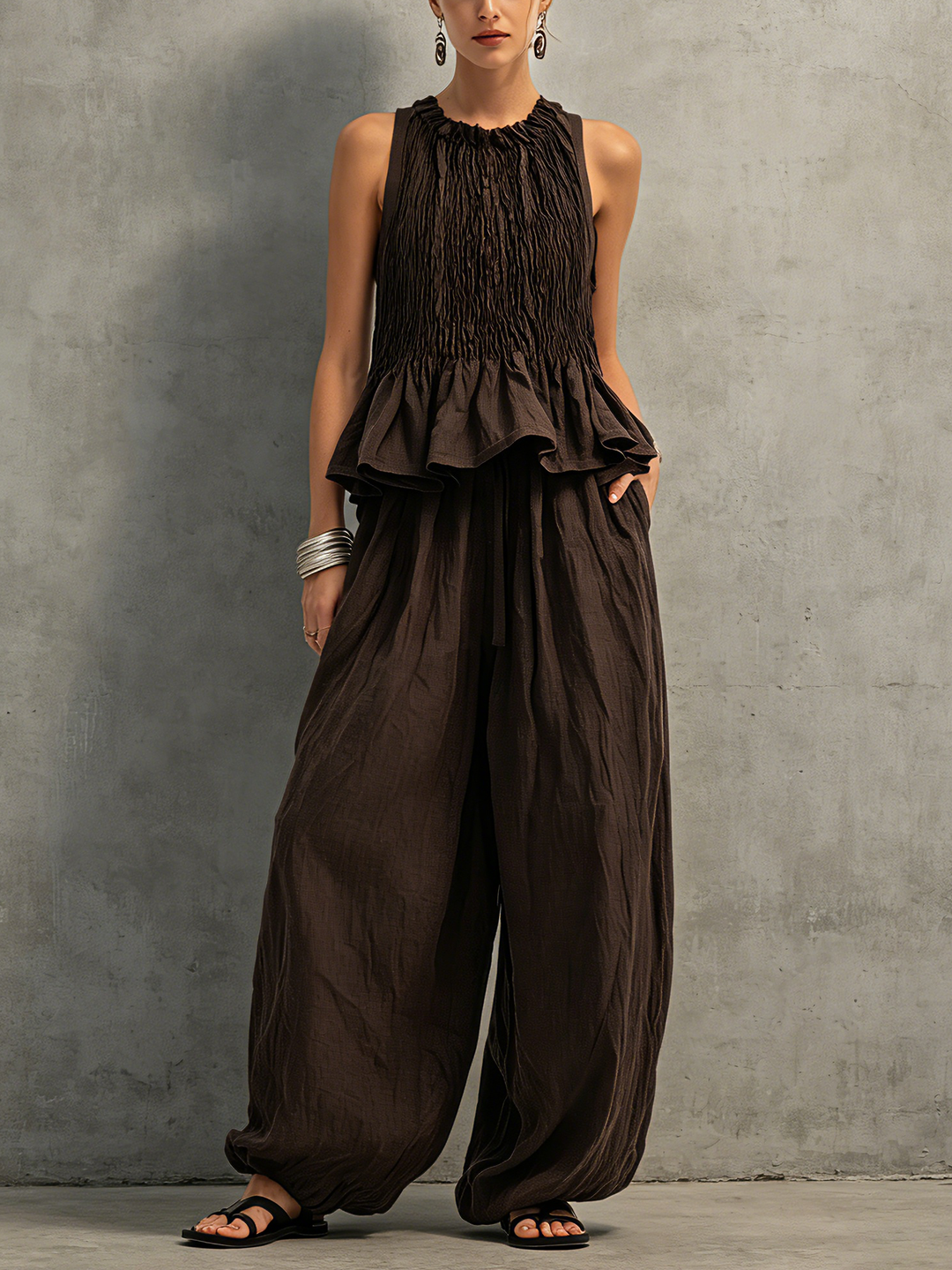 Victoire | Ensemble Top Smocké Volants & Pantalon Ballon Lin