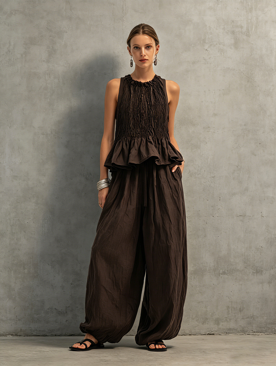 Victoire | Ensemble Top Smocké Volants & Pantalon Ballon Lin