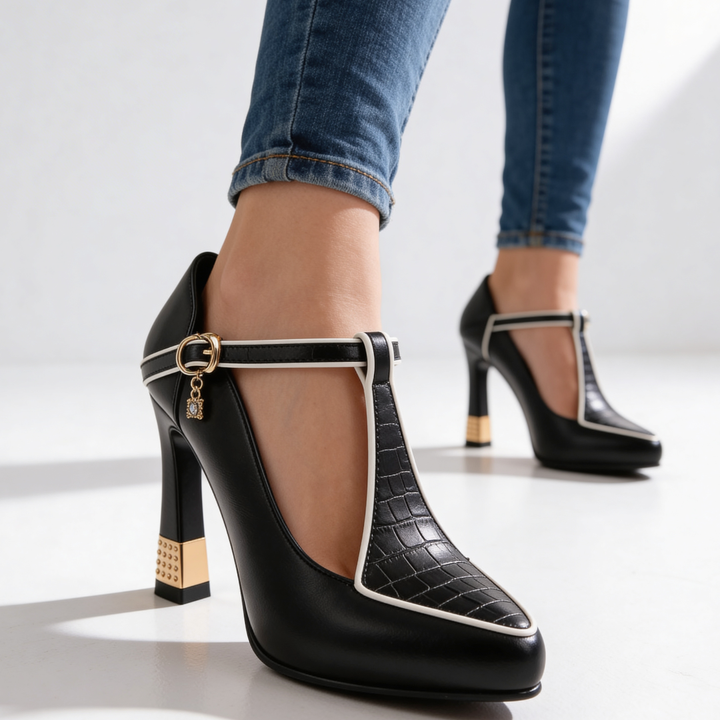 Vivienne | Escarpins Bout Pointu Bride T-Bar & Talon Doré Sculpté