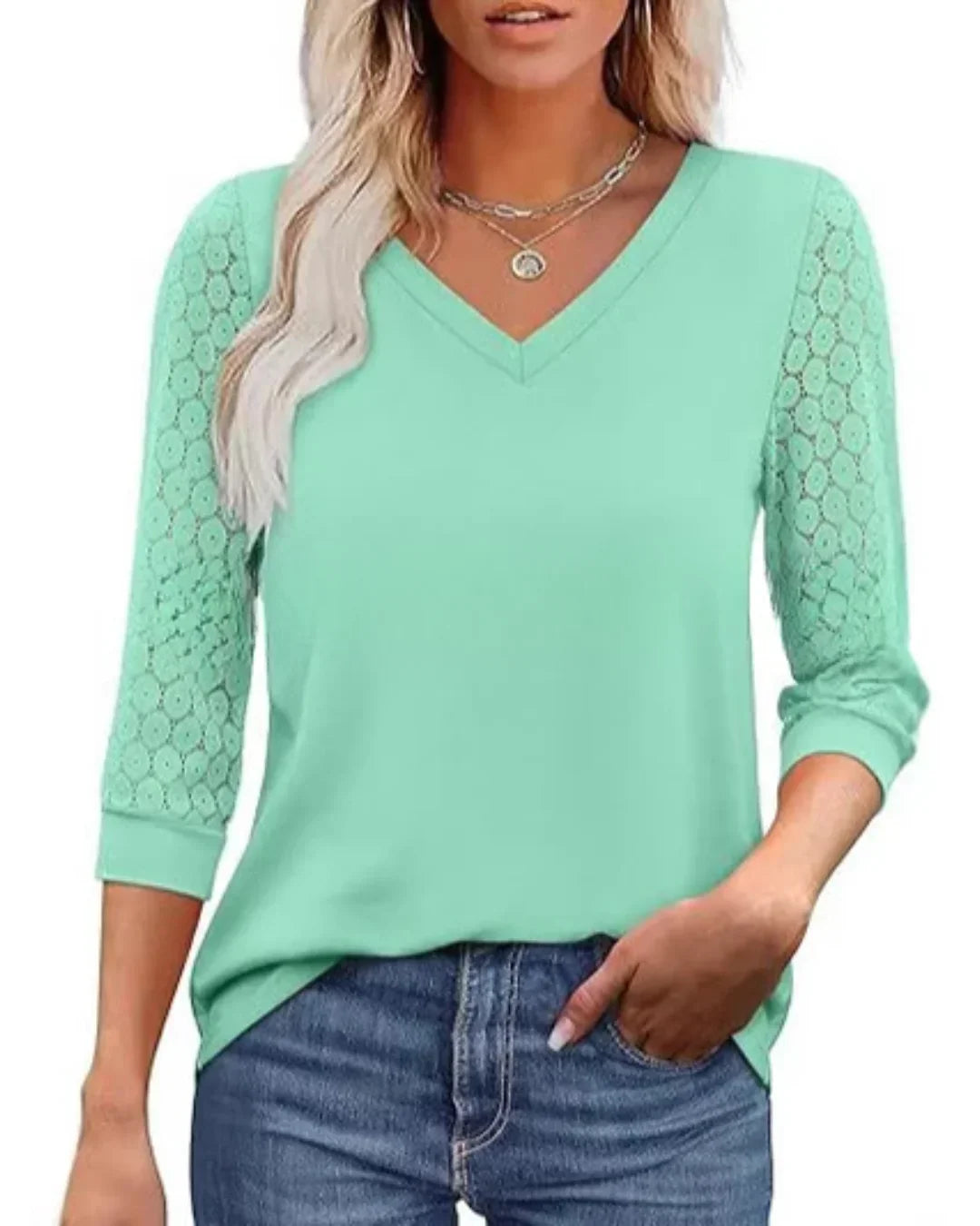 Amélie | Blouse Col V & Manches Dentelle Fleurie