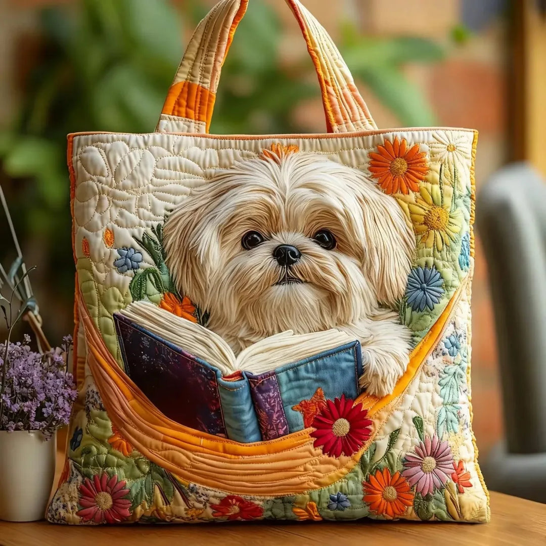 Sac artisanal Shih Tzu avec livre et fleurs