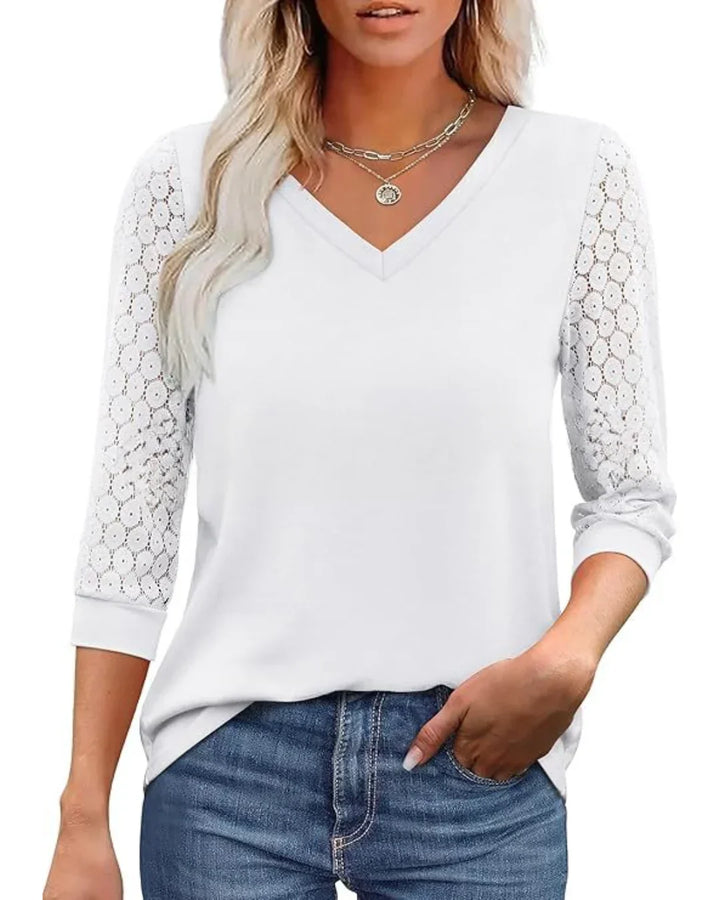 Amélie | Blouse Col V & Manches Dentelle Fleurie