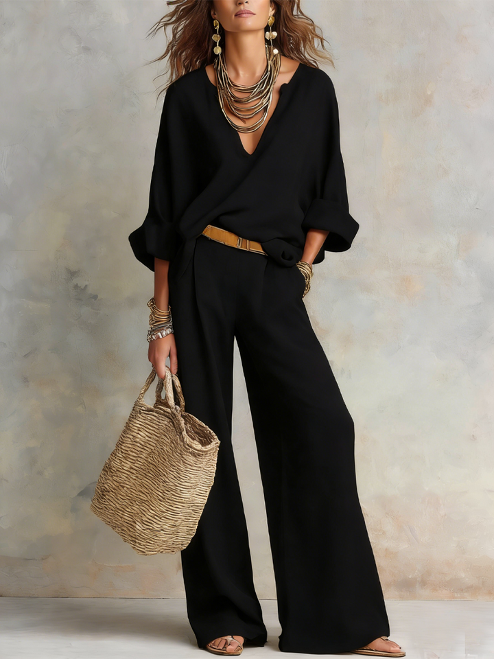 Naomi | Ensemble Lin Col V Oversize & Pantalon Large Fluide