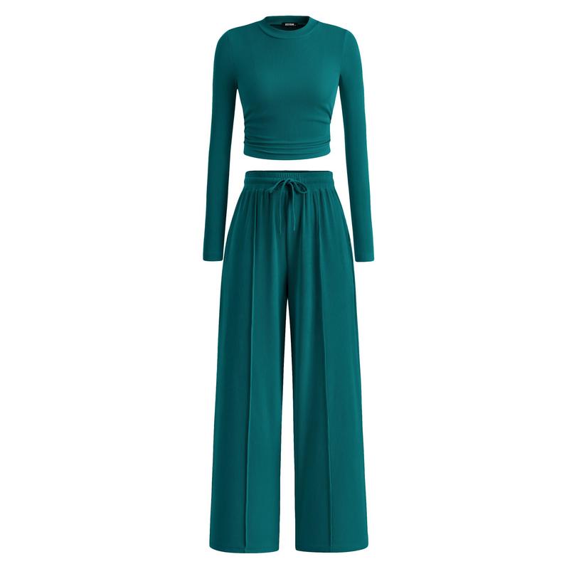 MIRELA™ - Ribbed Knit Long Sleeve Crop Top and Matching Pants Set