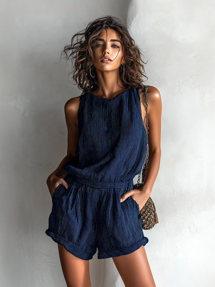Ora | Ensemble Rayé Top Sans Manches & Short Taille Élastique