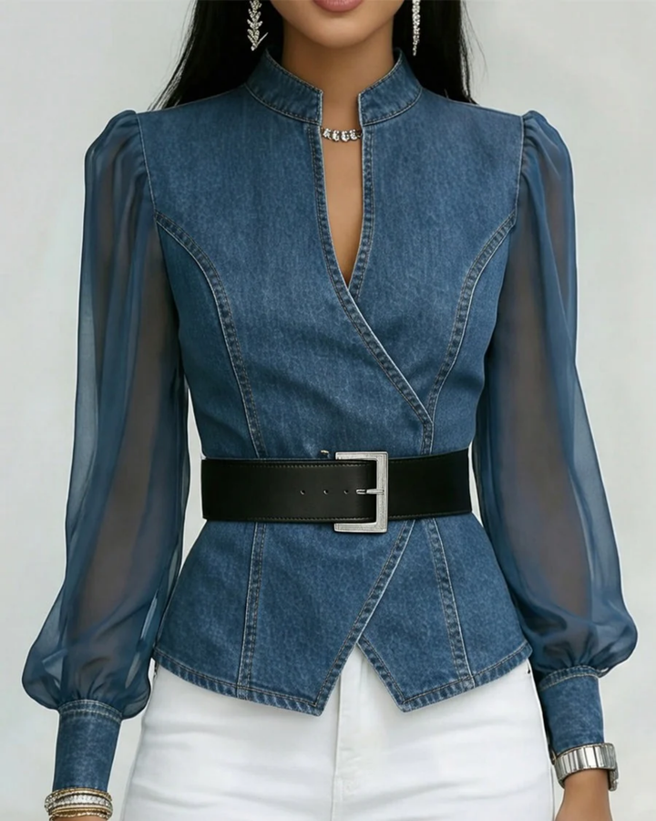 Alessia | Haut En Denim Avec Manches En Mousseline