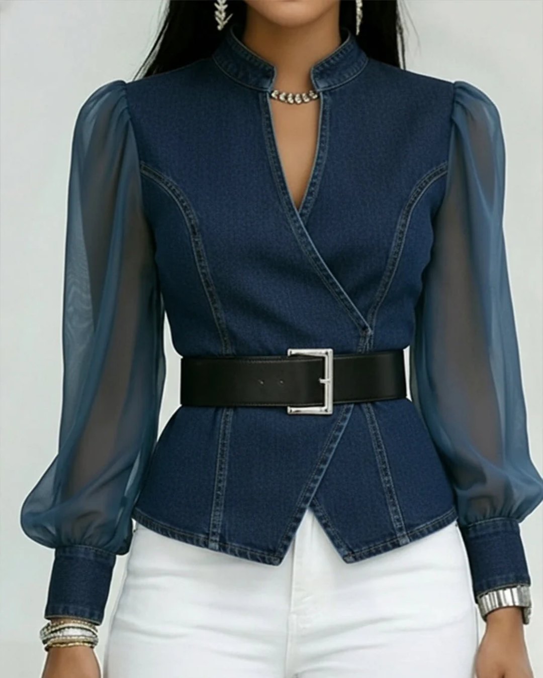 Alessia | Haut En Denim Avec Manches En Mousseline