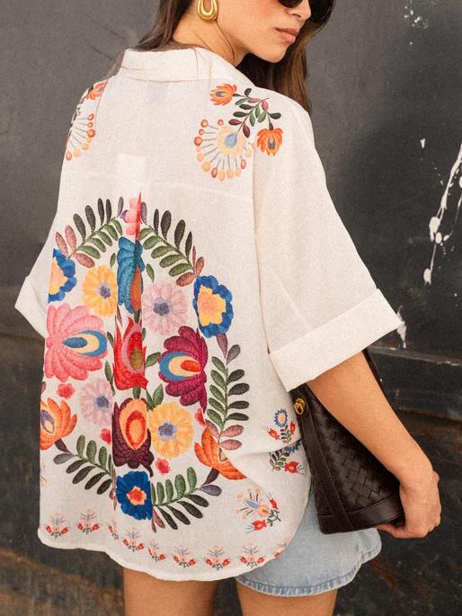 Carla | Chemise Lin Imprimé Floral Brodé Col V Profond & Manches Courtes