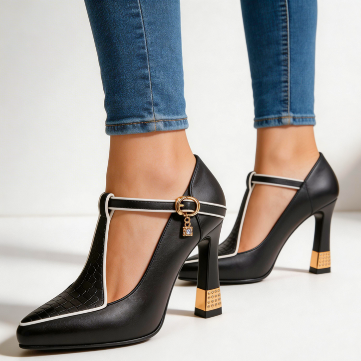 Vivienne | Escarpins Bout Pointu Bride T-Bar & Talon Doré Sculpté