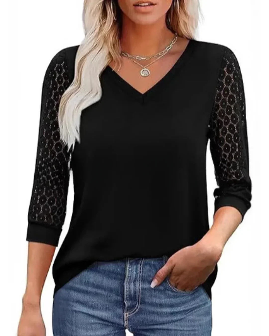 Amélie | Blouse Col V & Manches Dentelle Fleurie