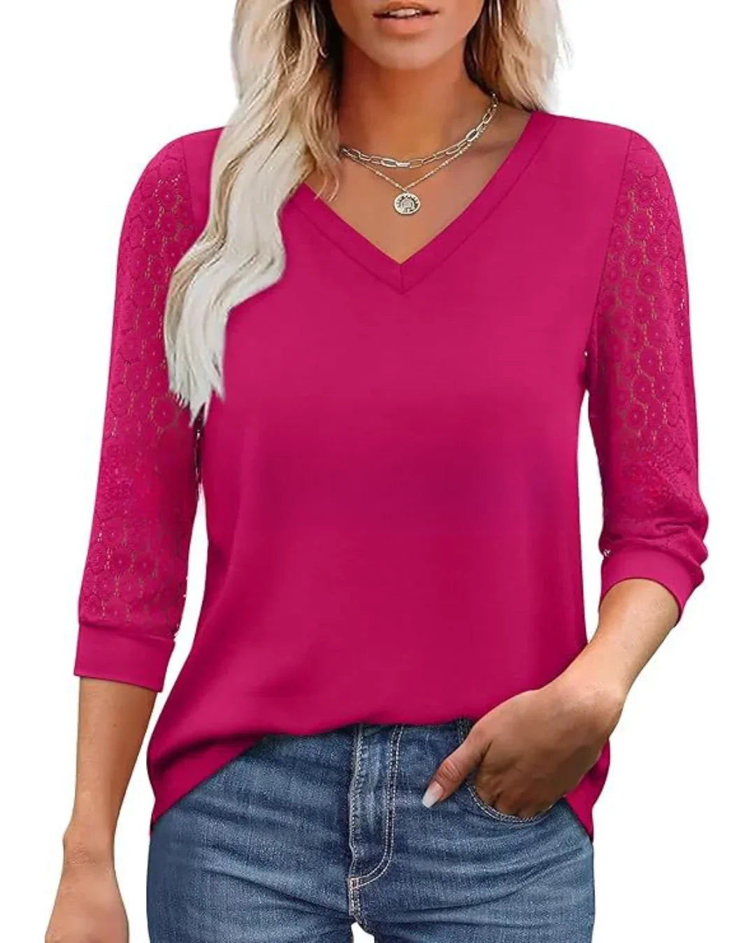 Amélie | Blouse Col V & Manches Dentelle Fleurie