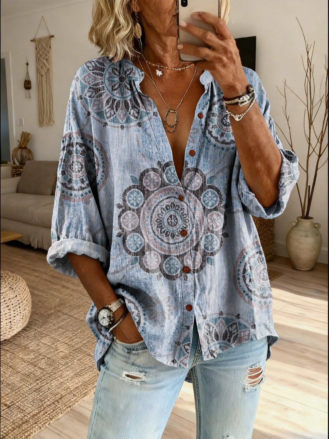 Iris | Chemise Bohème Imprimé Mandala & Col Volant