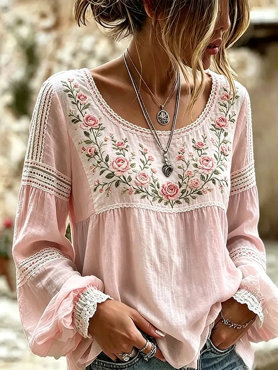 Mireille | Blouse Lin Broderie Roses Col Carré & Insertions Dentelle