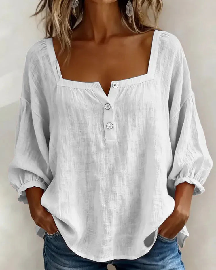 Colette | Blouse Lin Col Carré & Manches Bouffantes
