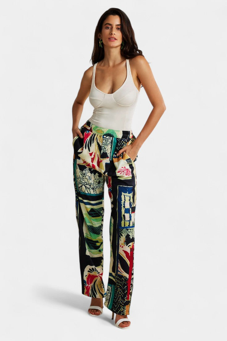 Pantalon droit taille haute à imprimé floral