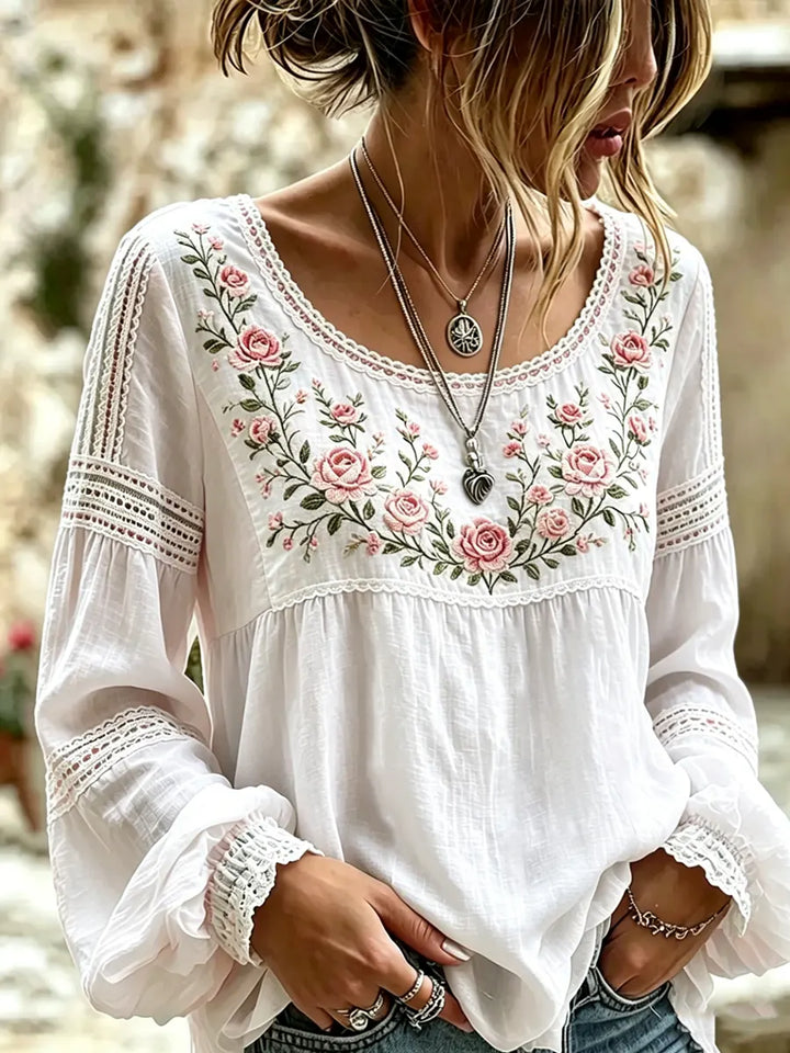 Mireille | Blouse Lin Broderie Roses Col Carré & Insertions Dentelle