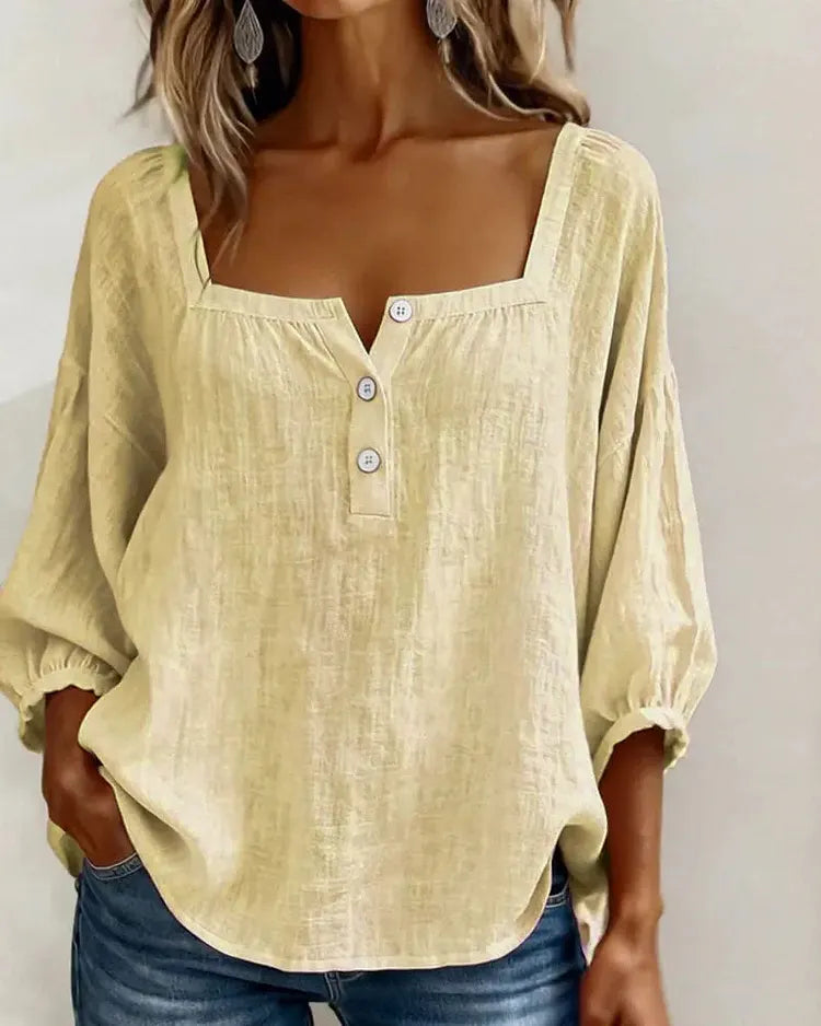 Colette | Blouse Lin Col Carré & Manches Bouffantes