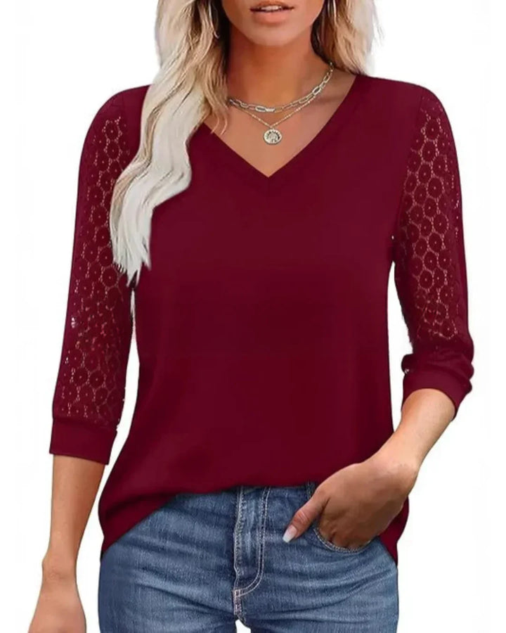 Amélie | Blouse Col V & Manches Dentelle Fleurie