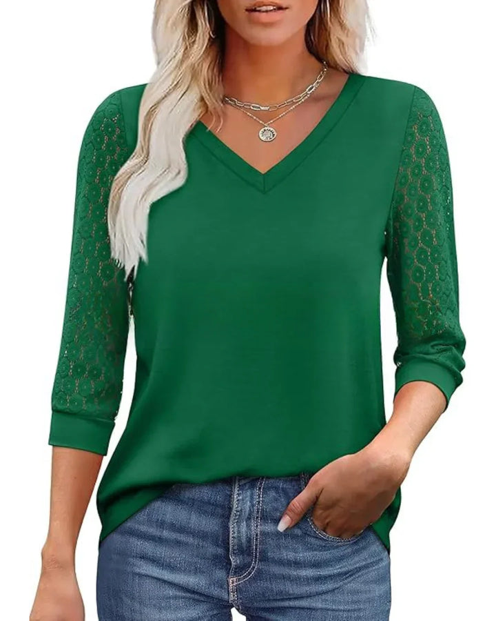 Amélie | Blouse Col V & Manches Dentelle Fleurie