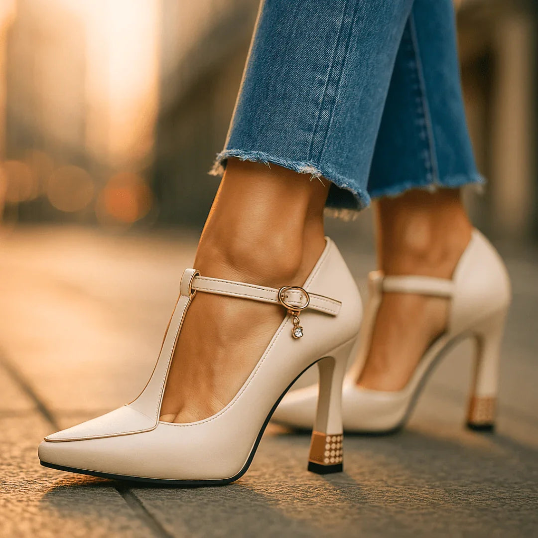 Vivienne | Escarpins Bout Pointu Bride T-Bar & Talon Doré Sculpté