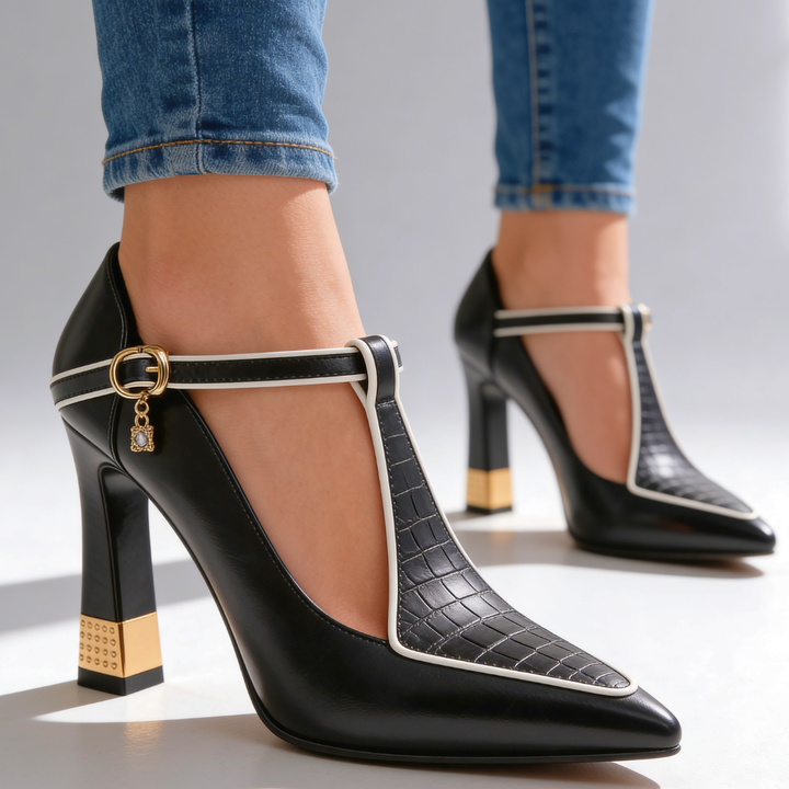 Vivienne | Escarpins Bout Pointu Bride T-Bar & Talon Doré Sculpté