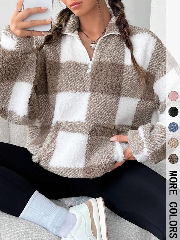 SAVANNAH™ - Stylish Plaid Print Half Zip Sweatshirt Casual Long Sleeve