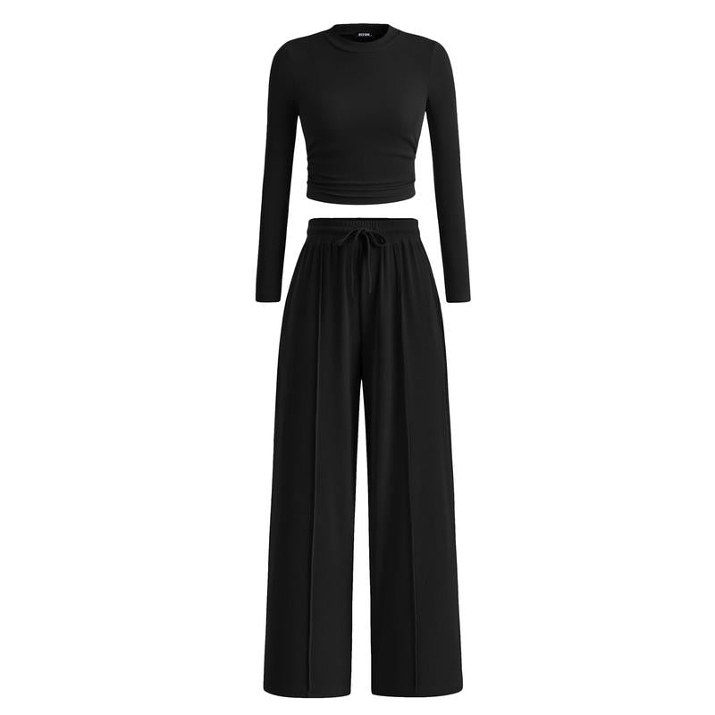 MIRELA™ - Ribbed Knit Long Sleeve Crop Top and Matching Pants Set