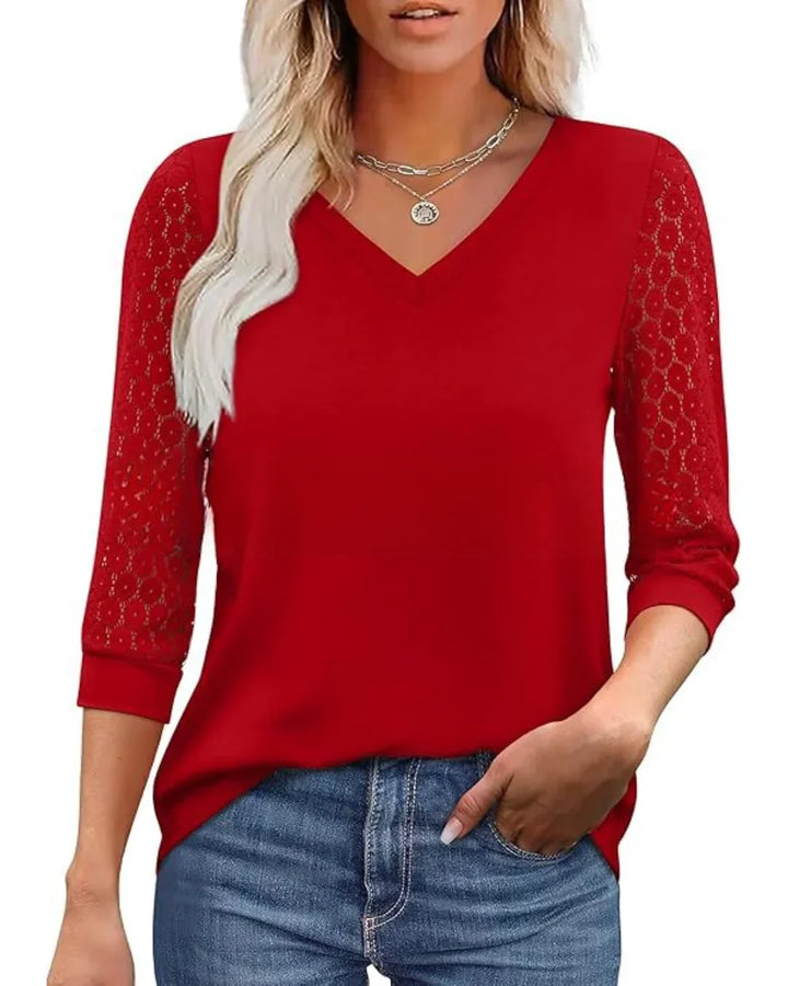Amélie | Blouse Col V & Manches Dentelle Fleurie