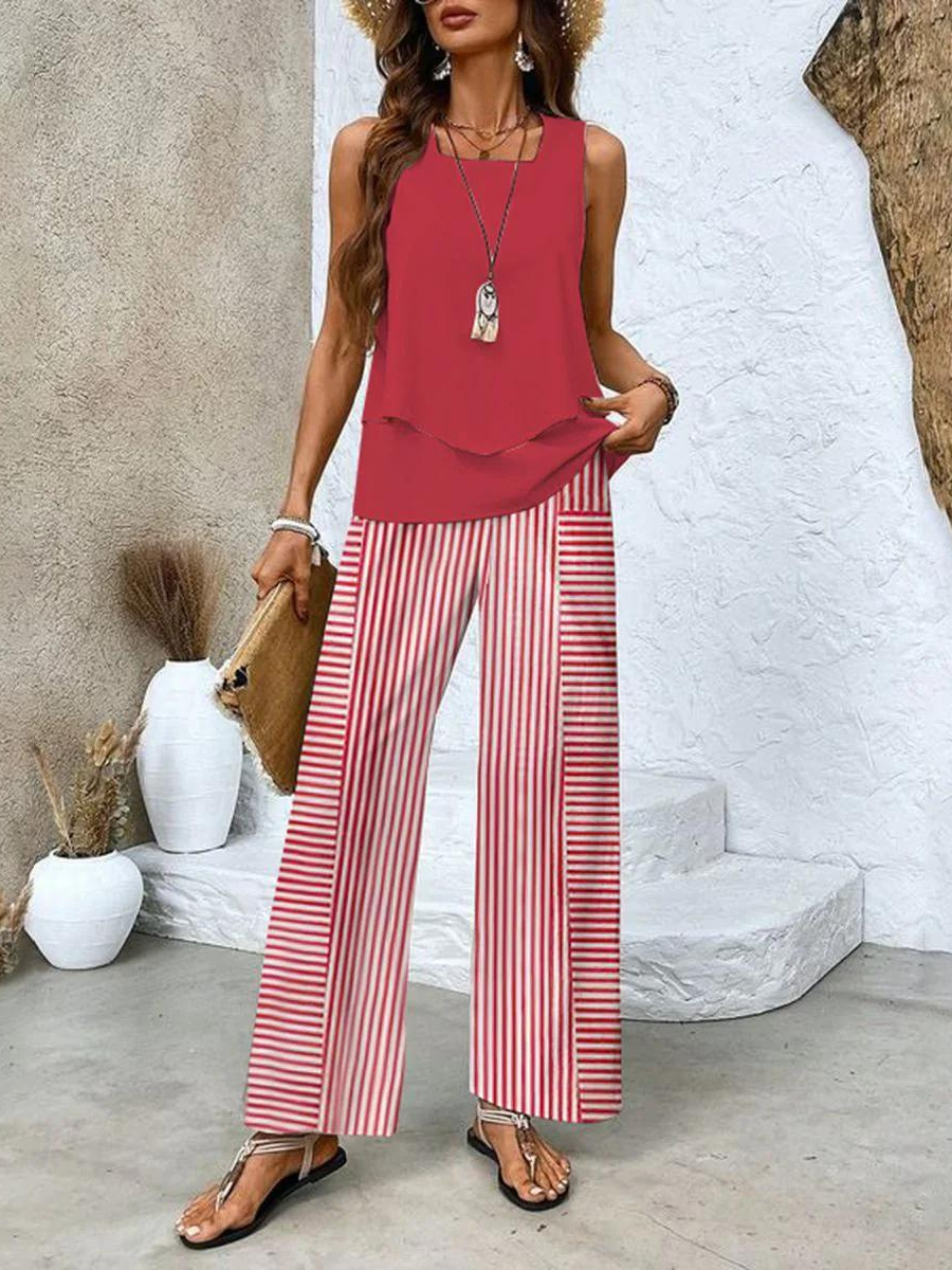 Averie | Ensemble Élégant Top Superposé Sans Manches & Pantalon Large