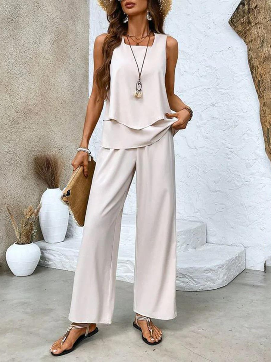 Averie | Ensemble Élégant Top Superposé Sans Manches & Pantalon Large