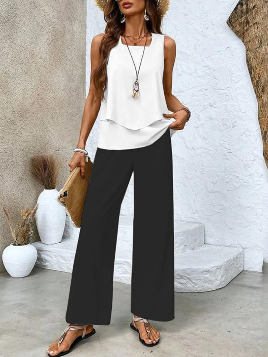 Averie | Ensemble Élégant Top Superposé Sans Manches & Pantalon Large
