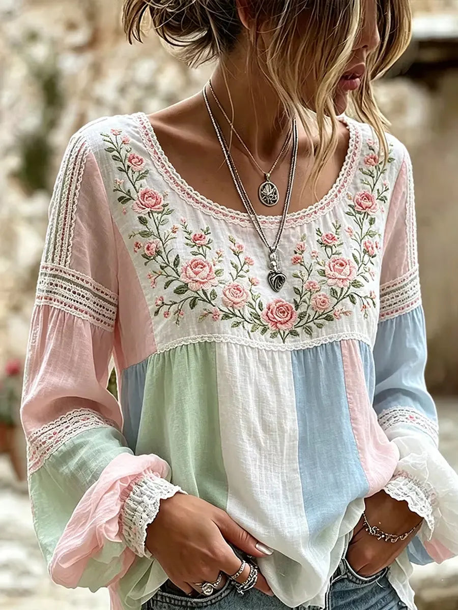 Mireille | Blouse Lin Broderie Roses Col Carré & Insertions Dentelle