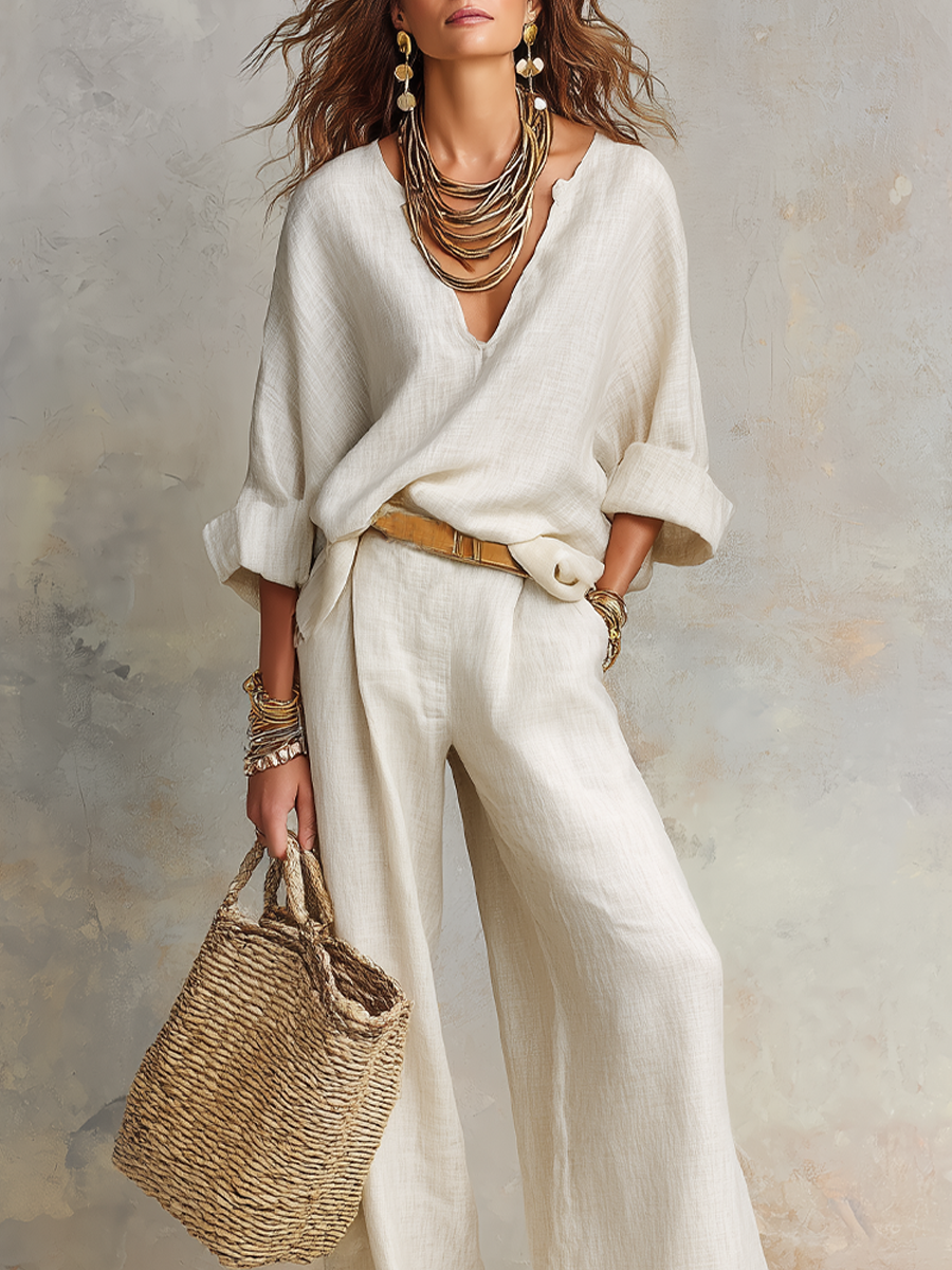 Naomi | Ensemble Lin Col V Oversize & Pantalon Large Fluide