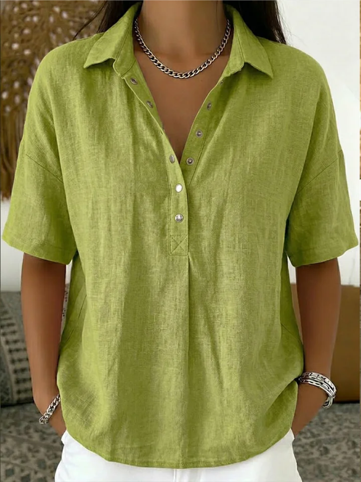 Diane | Blouse Lin Col Polo & Pressions Argentées