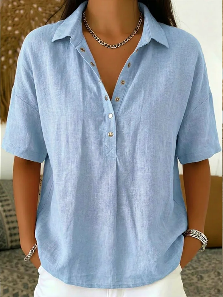 Diane | Blouse Lin Col Polo & Pressions Argentées