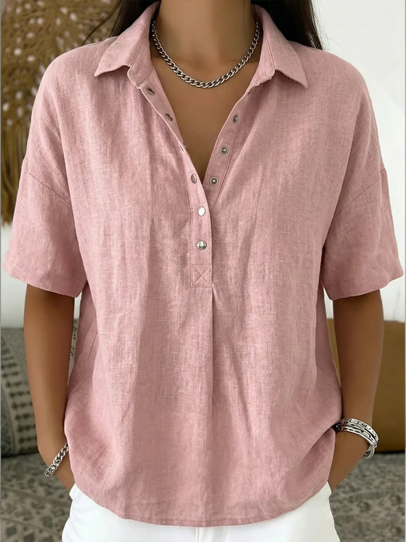 Diane | Blouse Lin Col Polo & Pressions Argentées