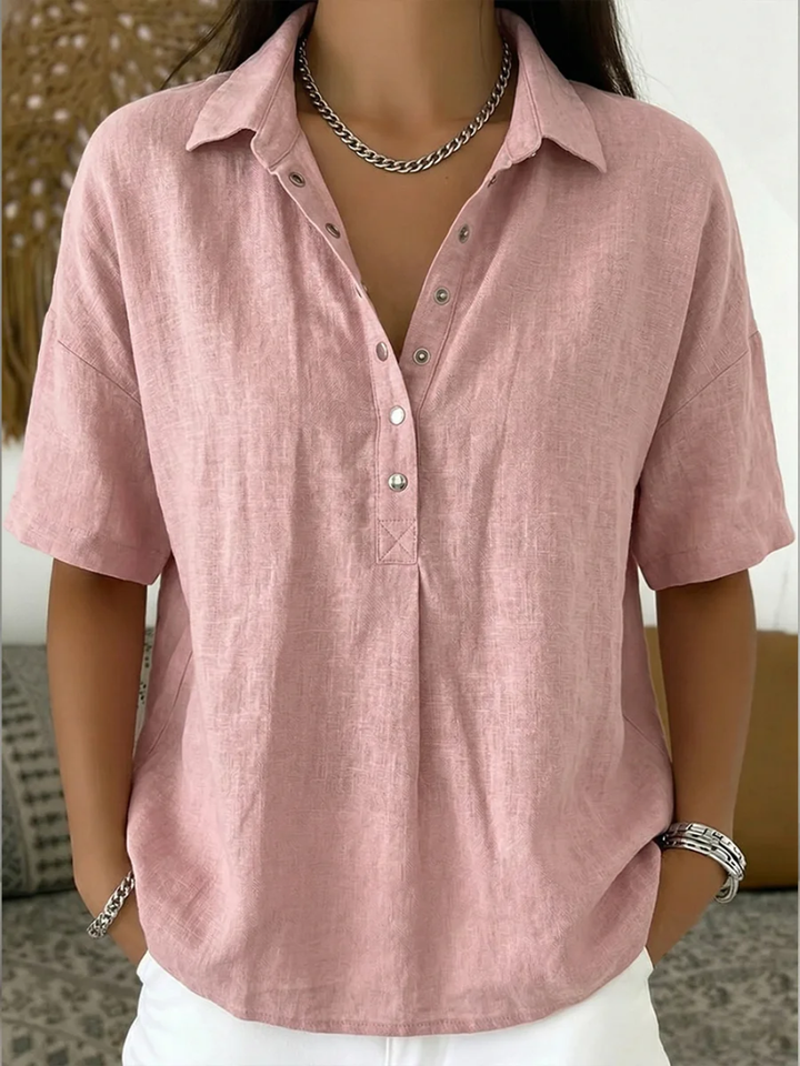 Diane | Blouse Lin Col Polo & Pressions Argentées