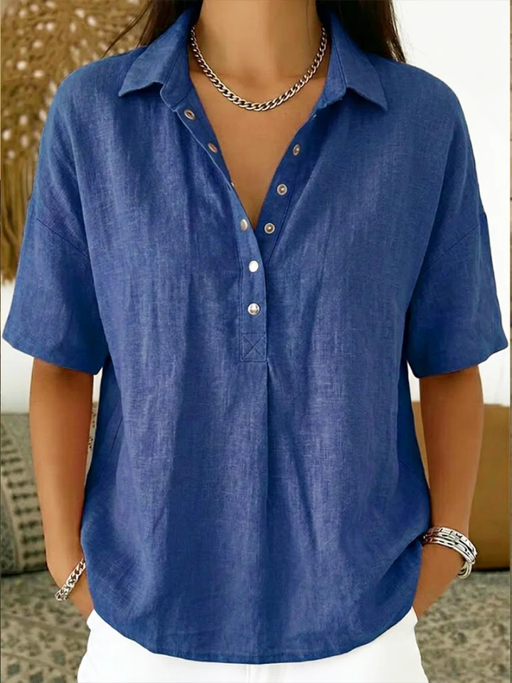 Diane | Blouse Lin Col Polo & Pressions Argentées