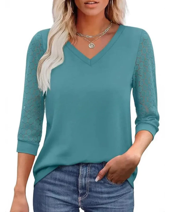 Amélie | Blouse Col V & Manches Dentelle Fleurie