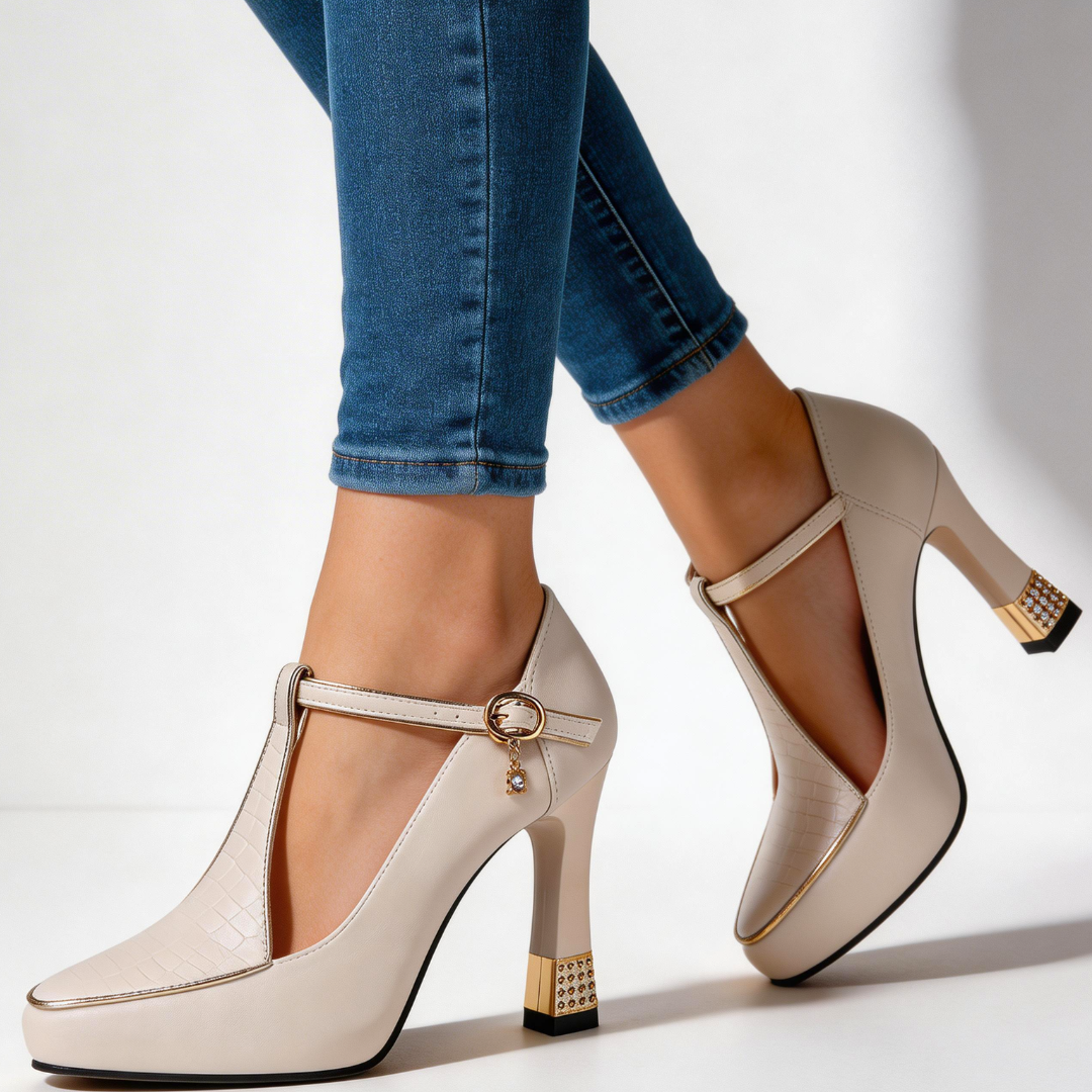 Vivienne | Escarpins Bout Pointu Bride T-Bar & Talon Doré Sculpté