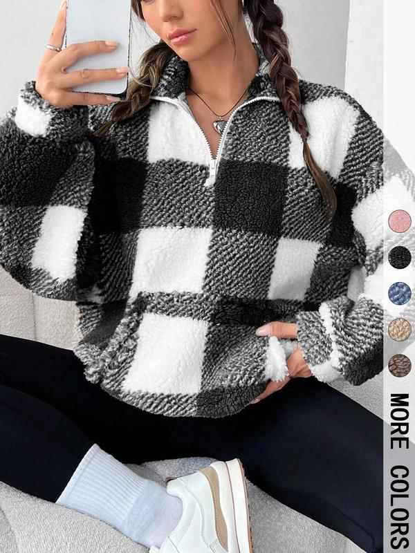 SAVANNAH™ - Stylish Plaid Print Half Zip Sweatshirt Casual Long Sleeve