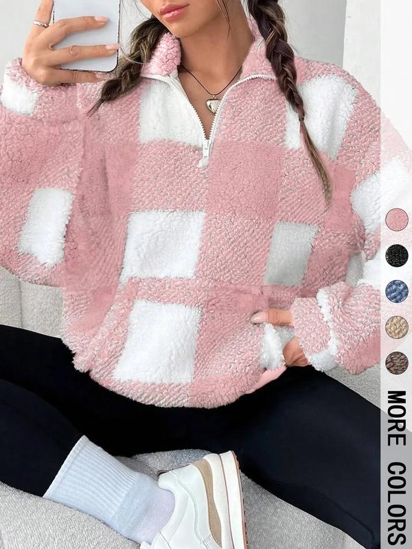 SAVANNAH™ - Stylish Plaid Print Half Zip Sweatshirt Casual Long Sleeve